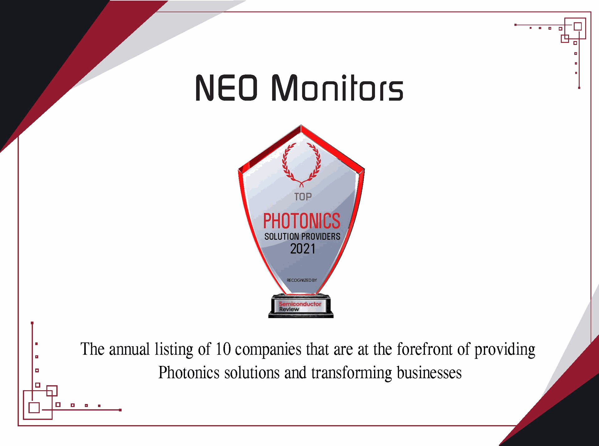 挪威恩伊欧监测器有限公司（NEO Monitors AS）荣获2021年度《半导体评论》杂志年度十大光电解决方案供应商